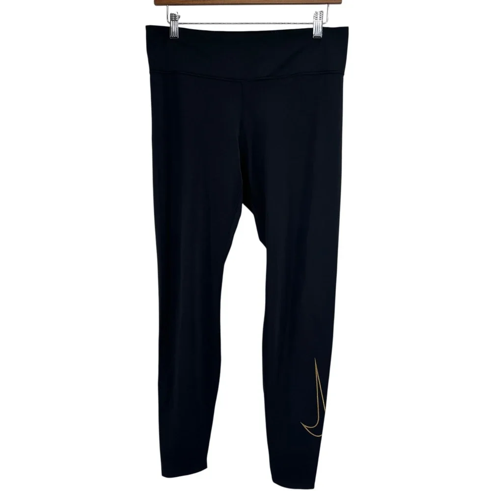 Nike Women Tight Dri-FIT‎ Full Legging Mid Rise Black Gold Swoosh DM1608 Size L